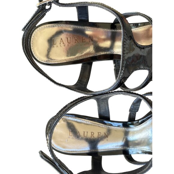 Ralph Lauren Jacquelle Size 8 Strappy Black Patent Leather Heels Shoes Buckle - Picture 11 of 11